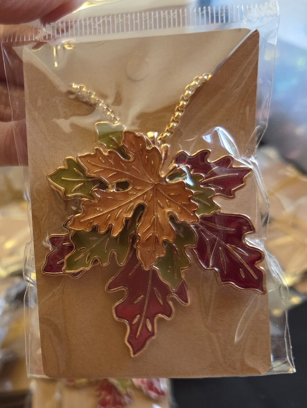 Gold-Tone Autumn Leaf Pendant Necklace in Orange, Green & Burgundy